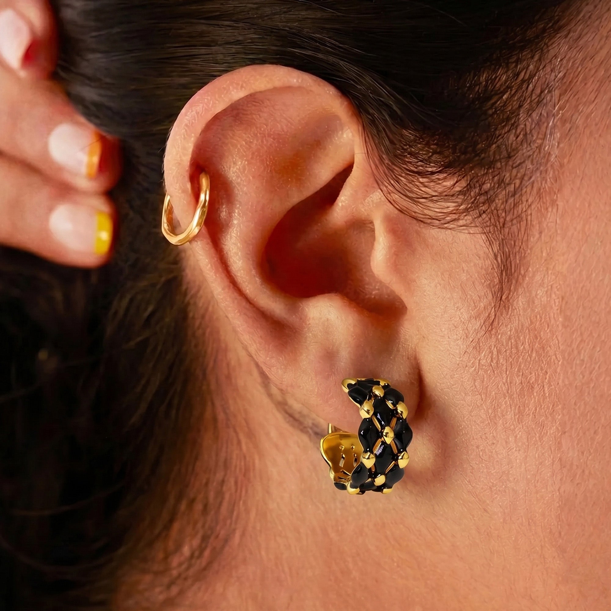 Black Enamel Woven Hoop Earrings