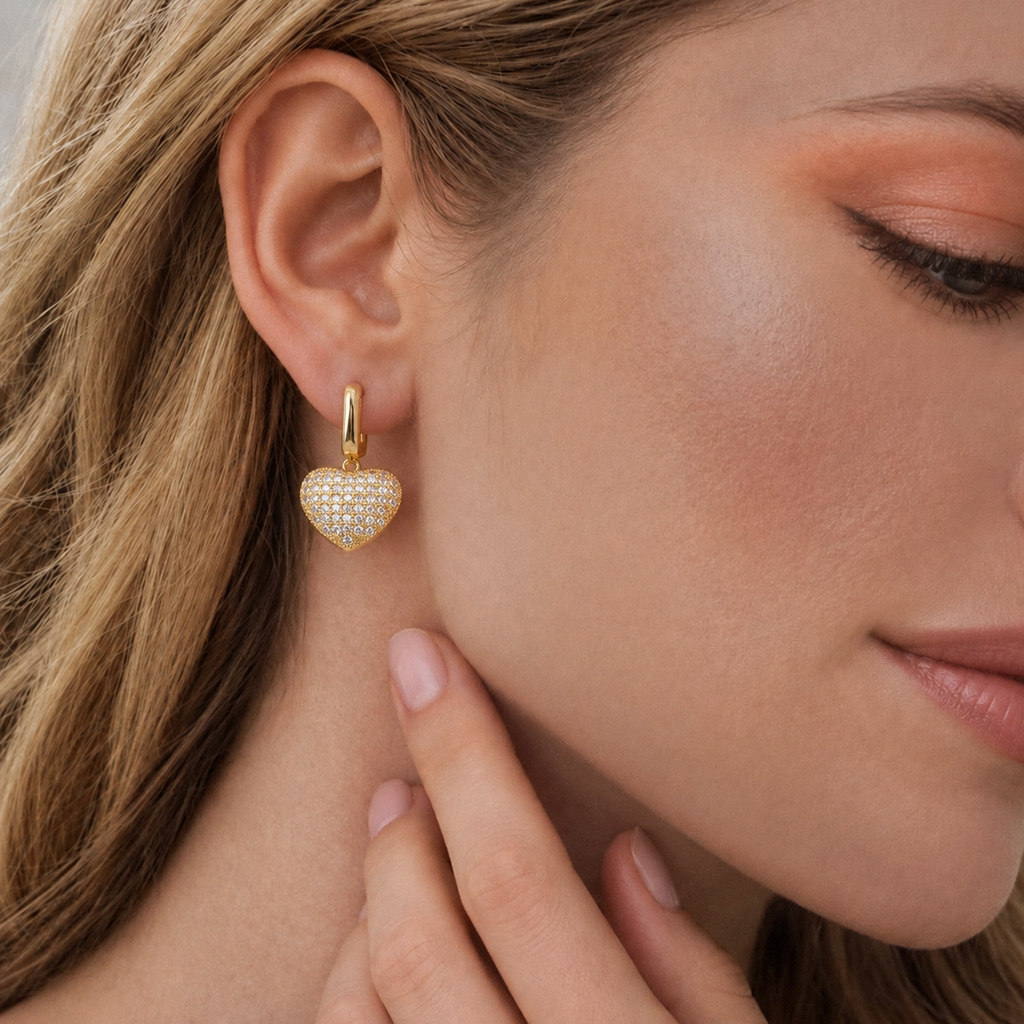Pavé Zircon Heart Leverback Drop Earrings