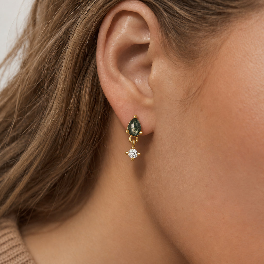 Moss Agate Zircon Flat-Back Drop Earrings