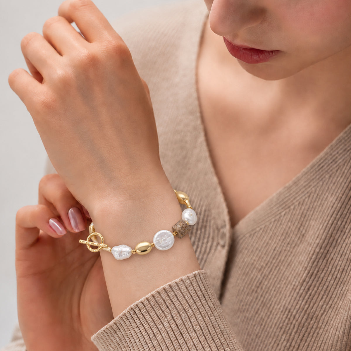 18K Gold-Plated Pearl & Picture Jasper Bracelet