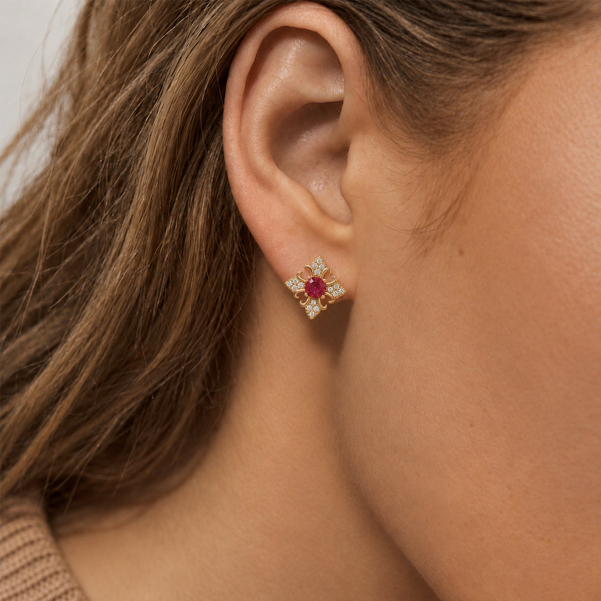 Ornamental Red Stone Sterling Silver Studs