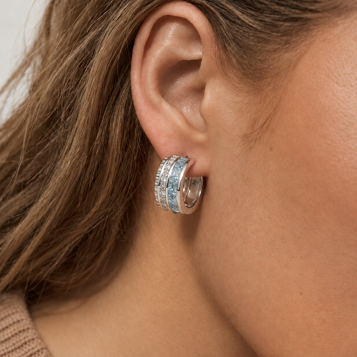 Silver-Tone Blue Zirconia Half Hoop Earrings