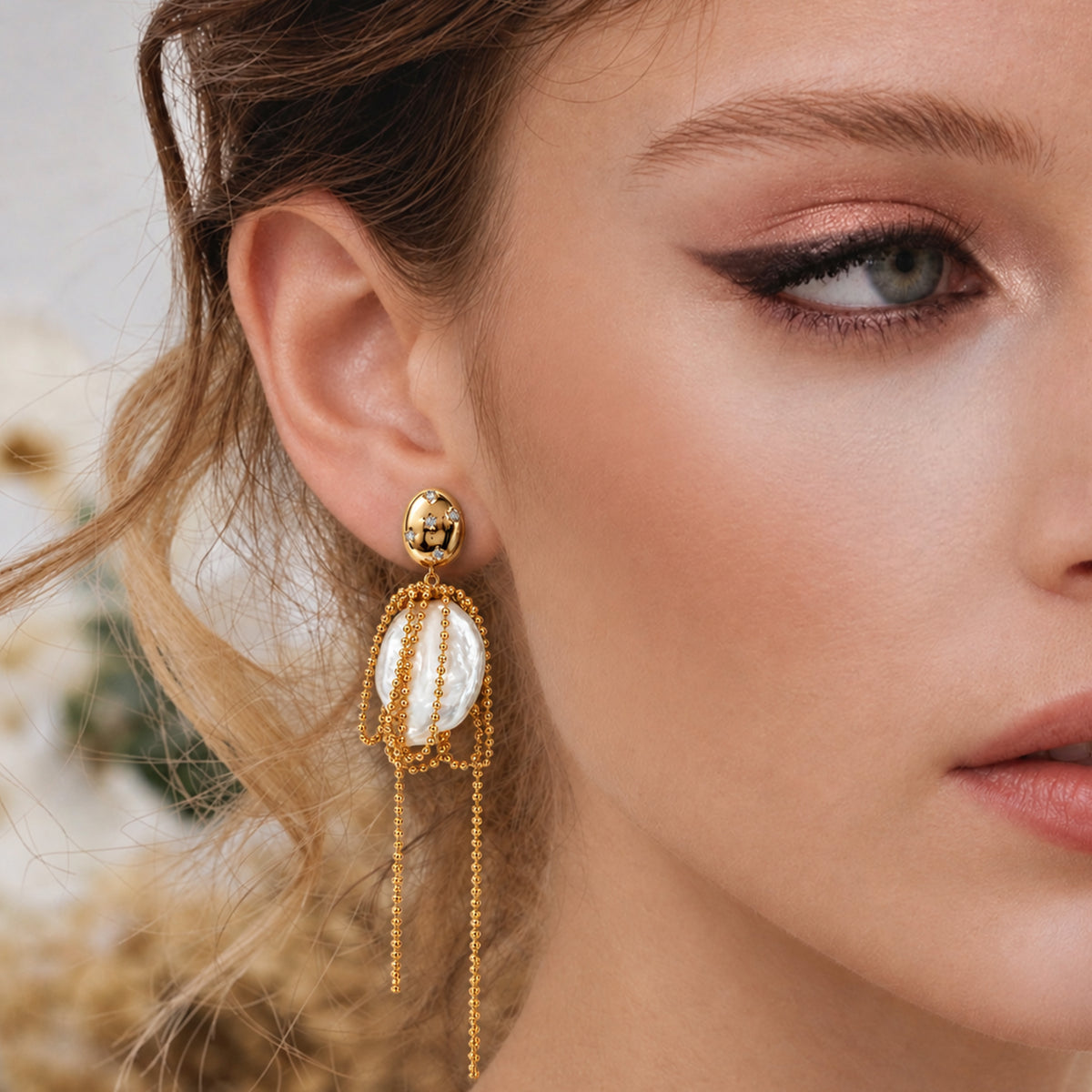 Freshwater Pearl Draped Chain Drop Earrings