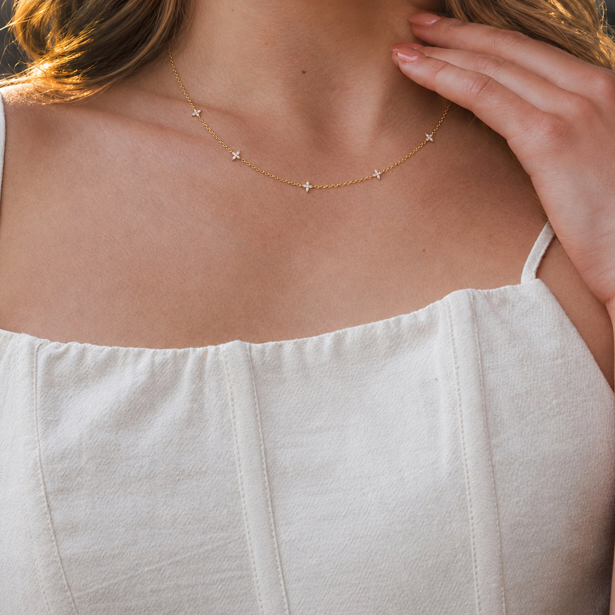 Four-Petal Crystal Sterling Silver Necklace