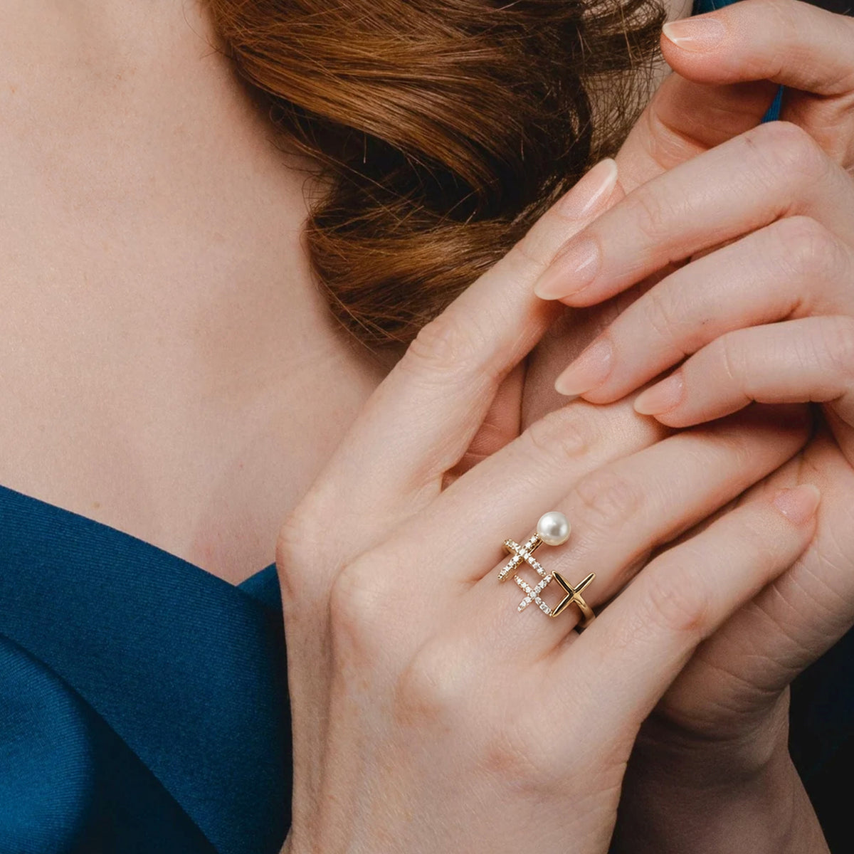 18K Gold-Plated Brass Pearl CZ Open Ring