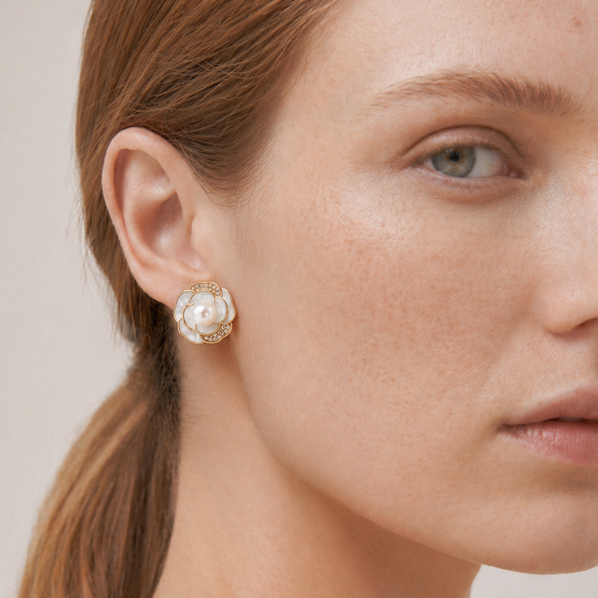 Gold-Plated Pearl Floral Stud Earrings