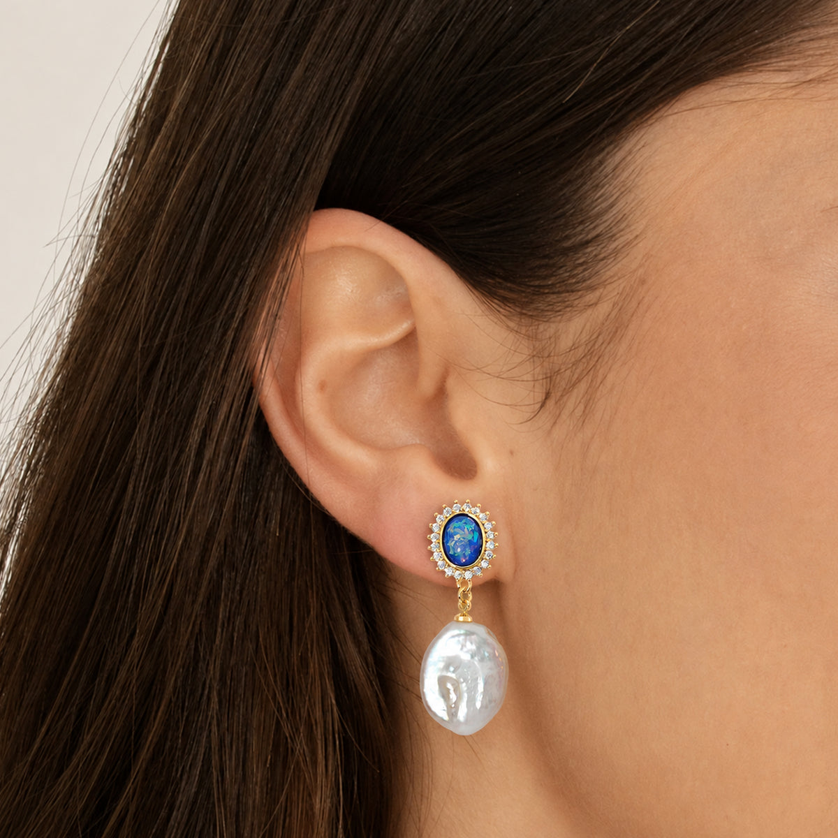 Blue Oval Zircon & Freshwater Pearl Drop Earrings