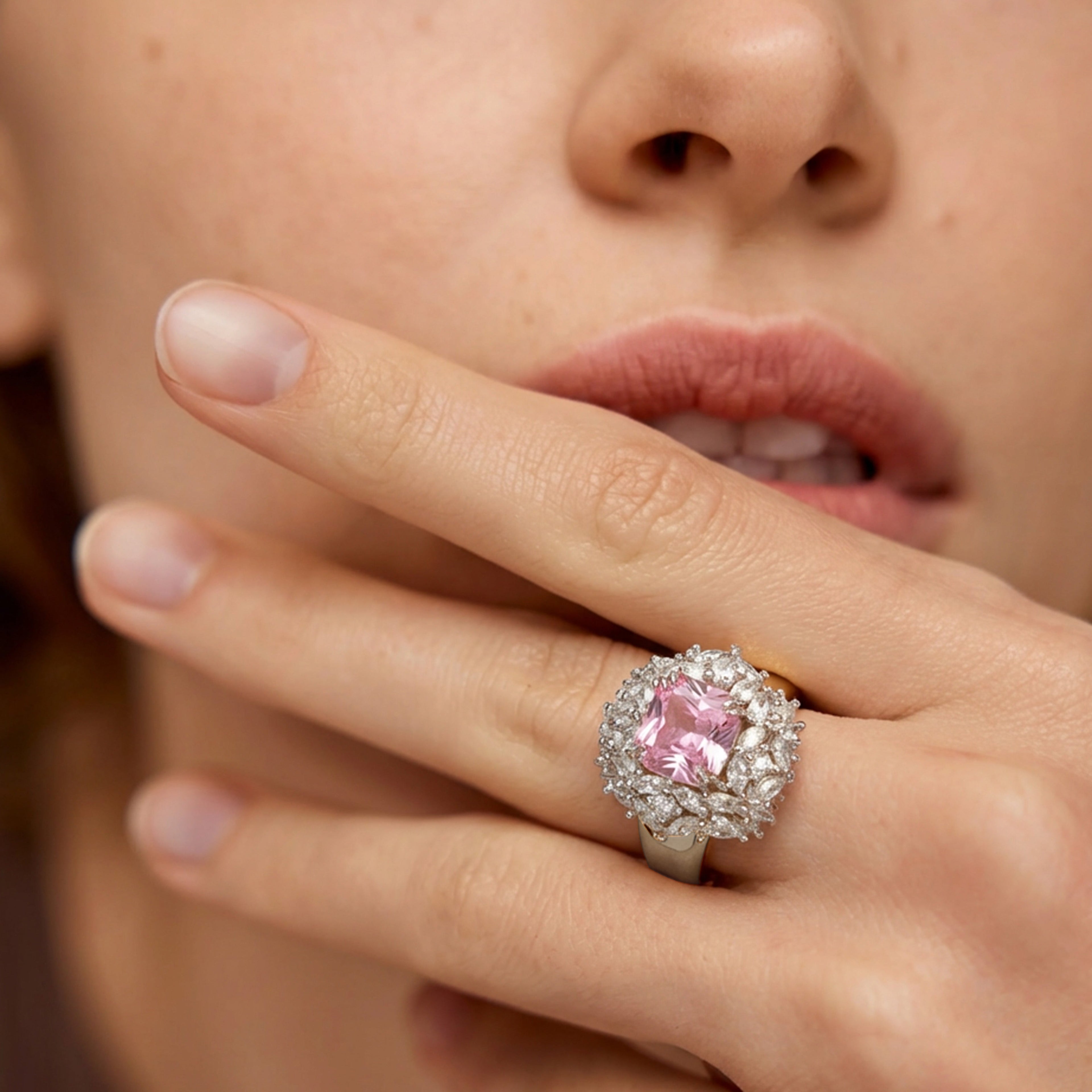 Silver-Tone Pink Cushion Zircon Halo Ring