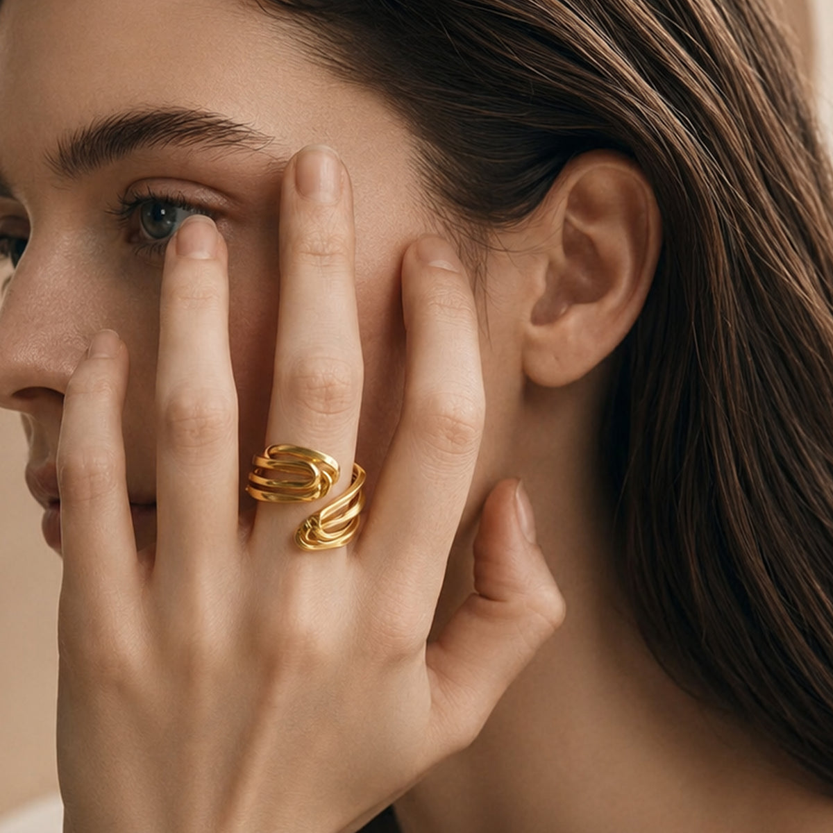 Real Gold-Plated Copper Alloy Sculptural Open Ring