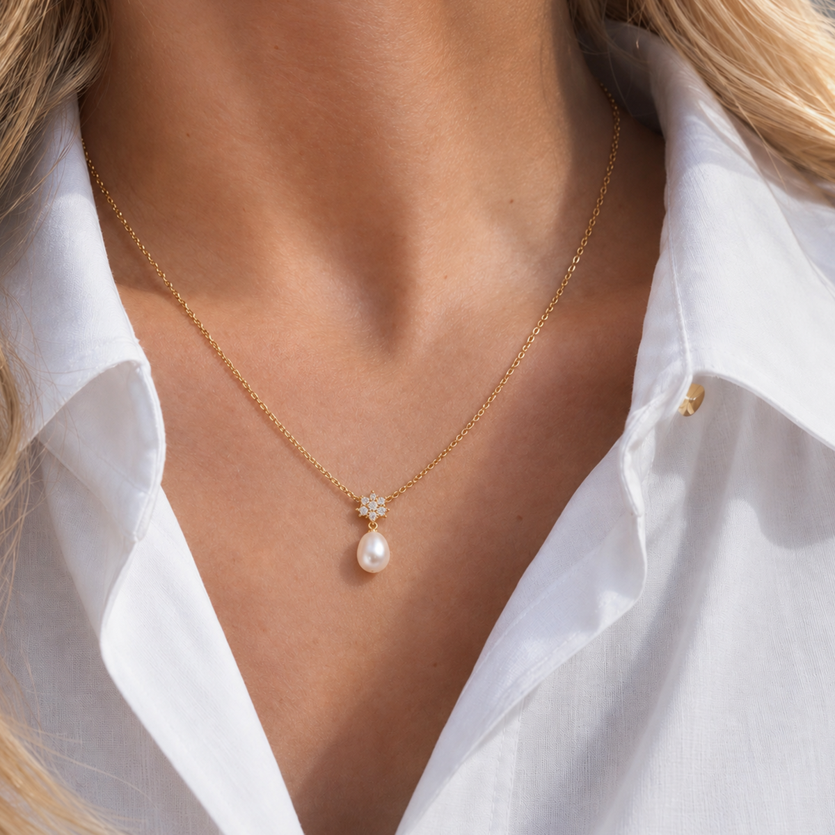 Pearl Zircon Gold-Plated Sterling Silver Necklace