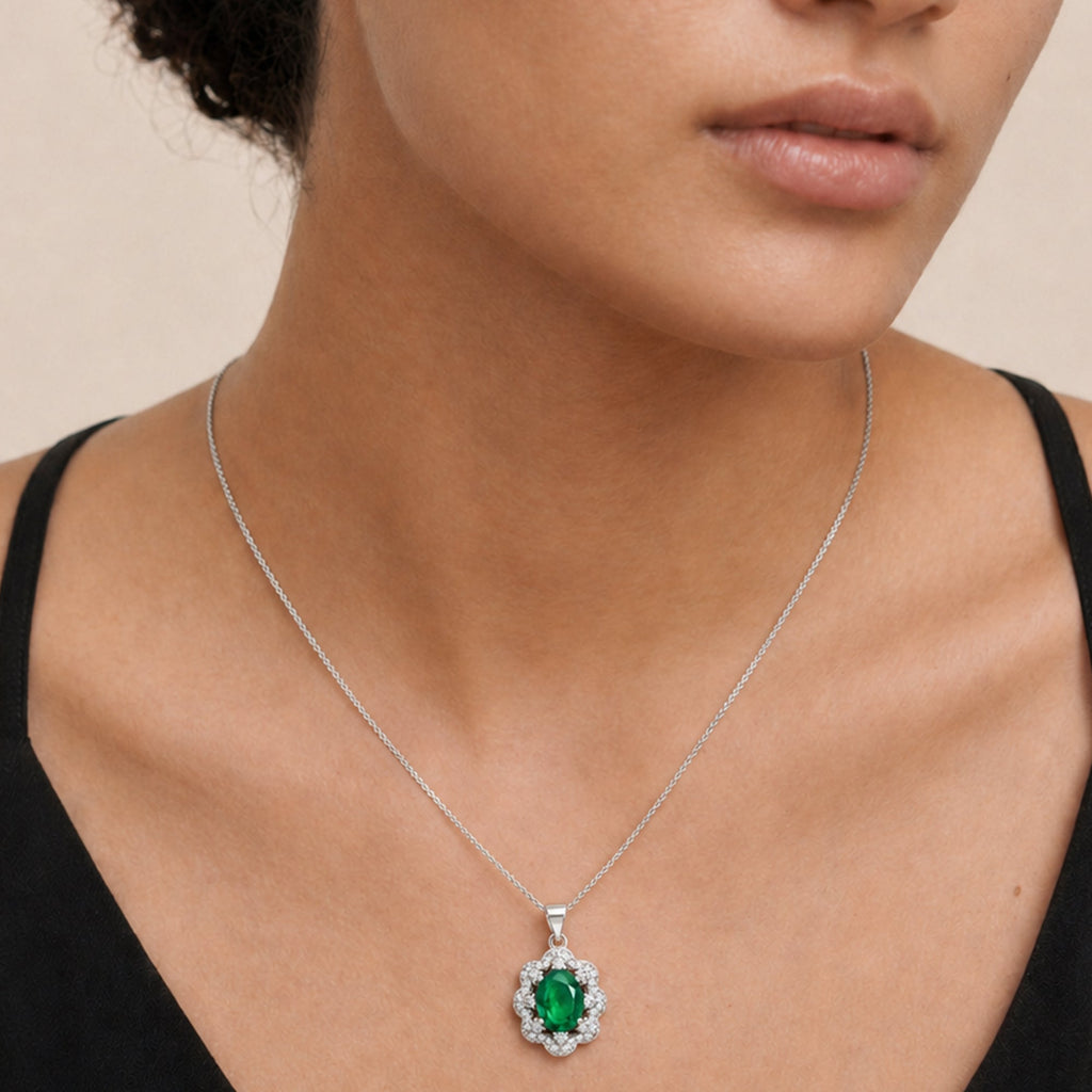 Green Zircon Floral Halo Pendant Necklace