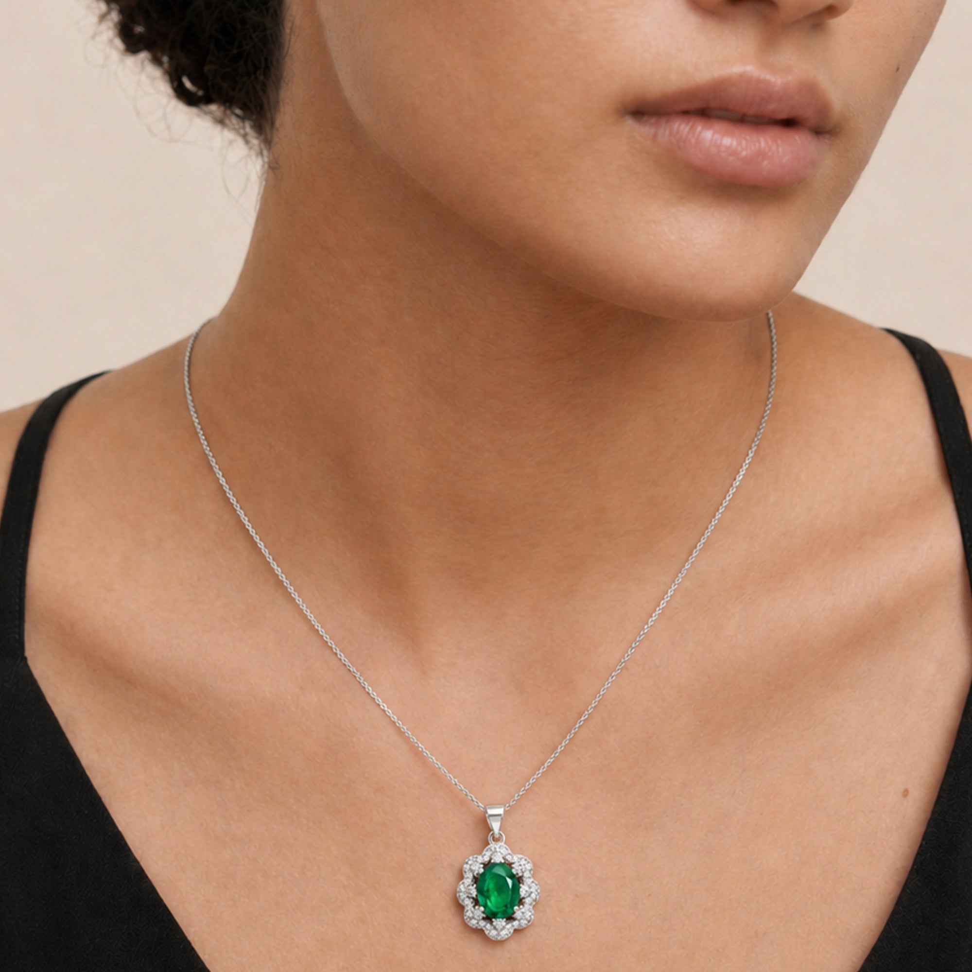 Green Zircon Floral Halo Pendant Necklace