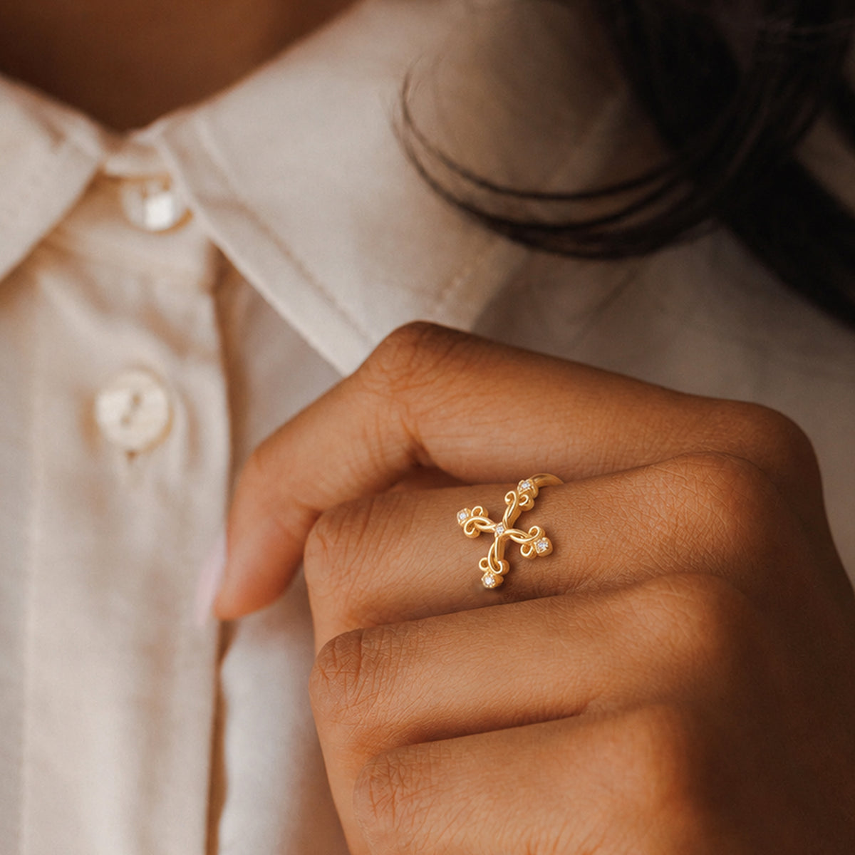 S925 Zircon Floral Filigree Adjustable Ring