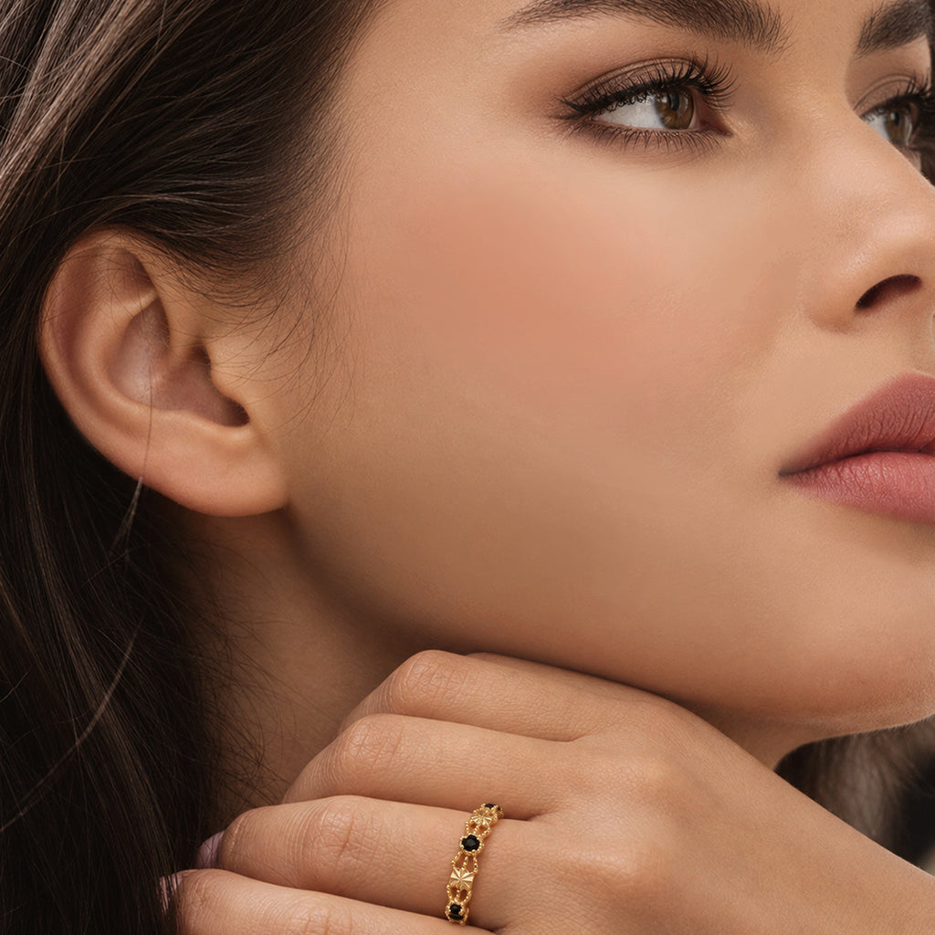 Gold-Plated S925 Patterned Stone Band Ring