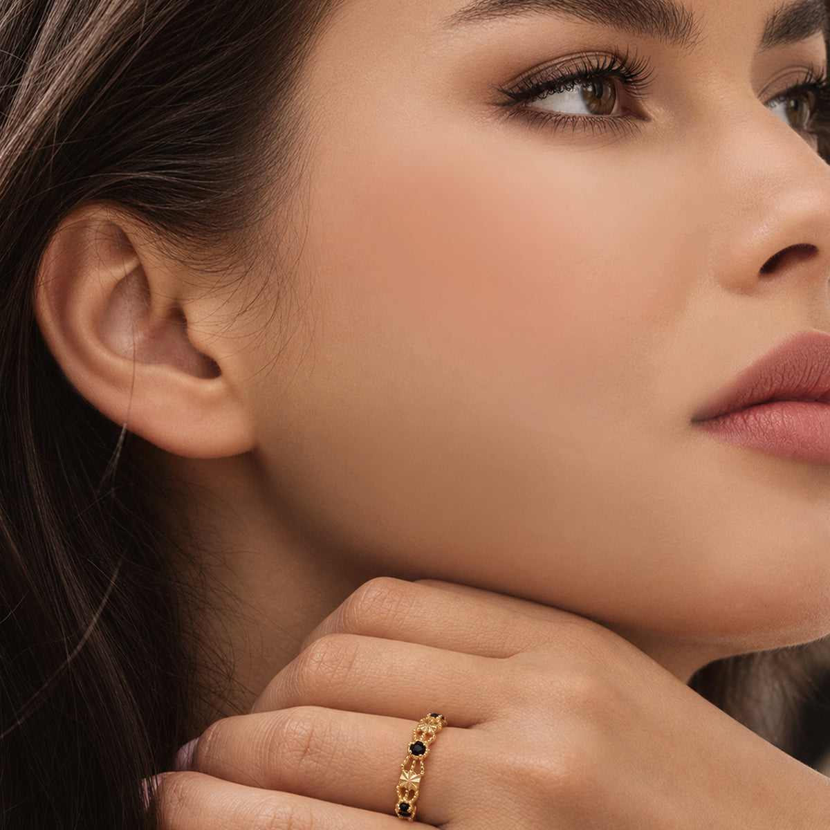Gold-Plated S925 Patterned Stone Band Ring