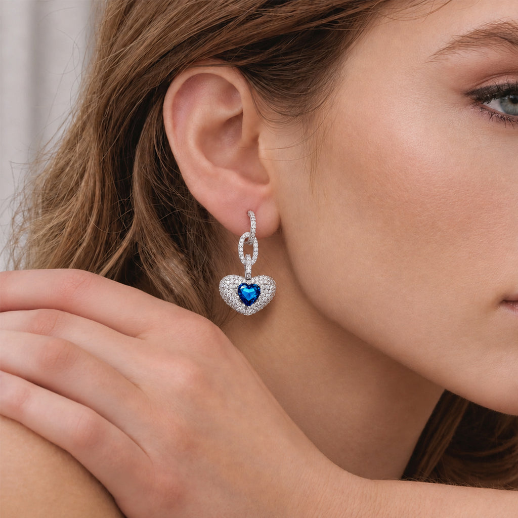 Blue Heart Pavé Link Drop Earrings