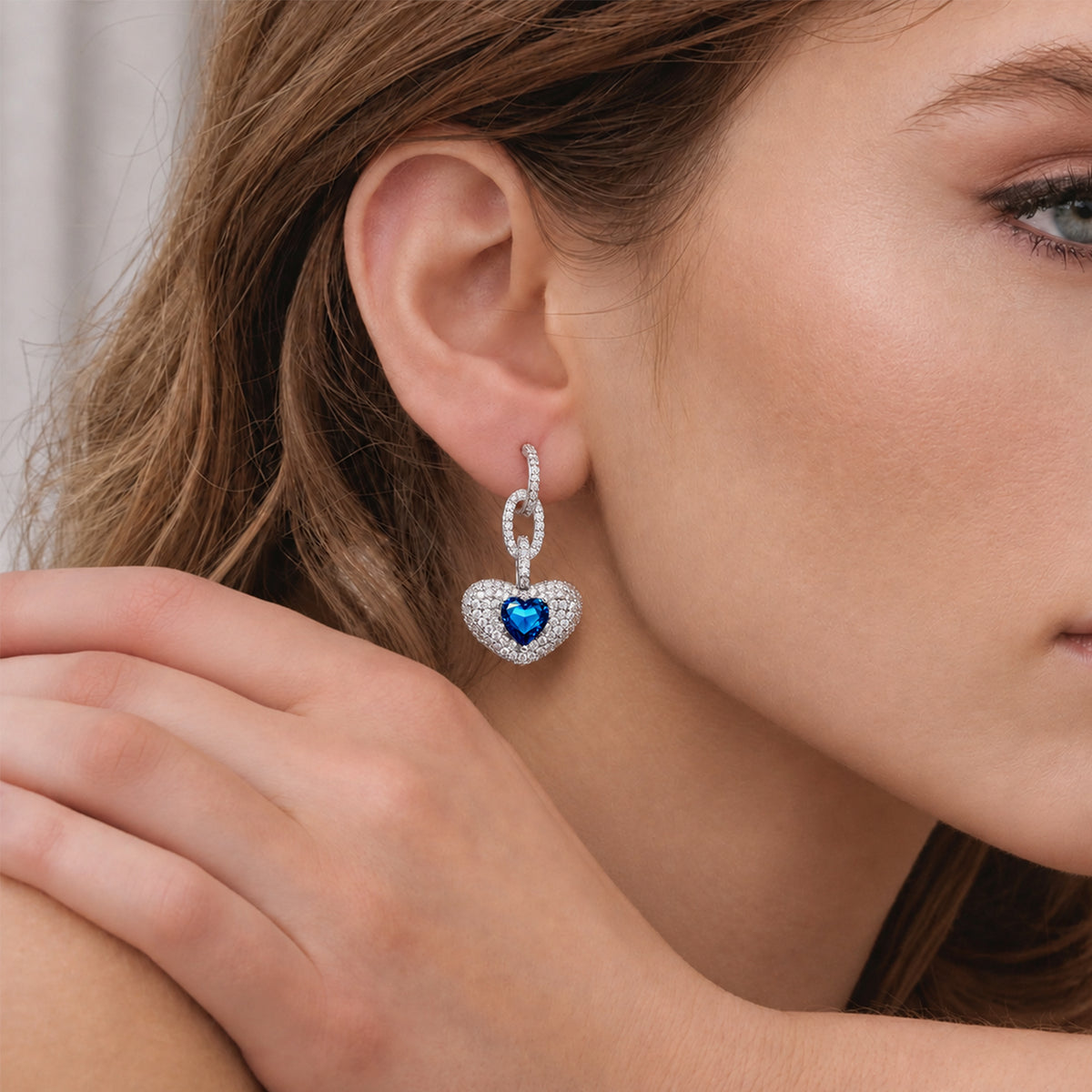 Blue Heart Pavé Link Drop Earrings
