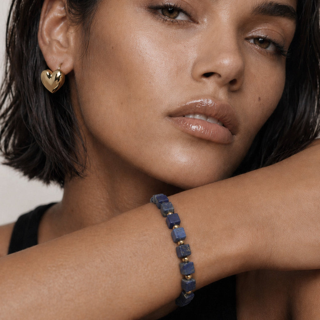 Blue Cube Bead Brass Chain Bracelet