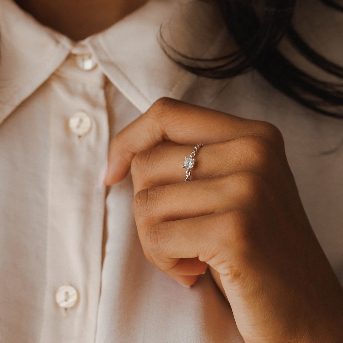 Square Zircon Chain-Link S925 Adjustable Ring