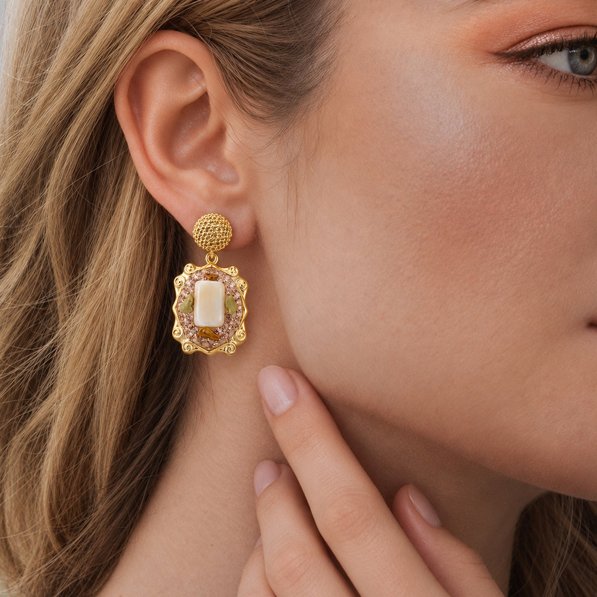 S925 White Shell and Natural Stone Drop Earrings