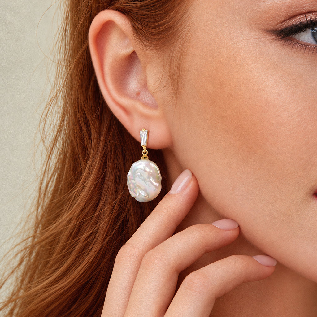 Baguette Accent Baroque Pearl Drop Earrings