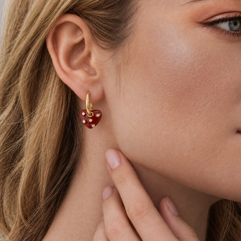 Red Heart Charm Hinged Hoop Earrings