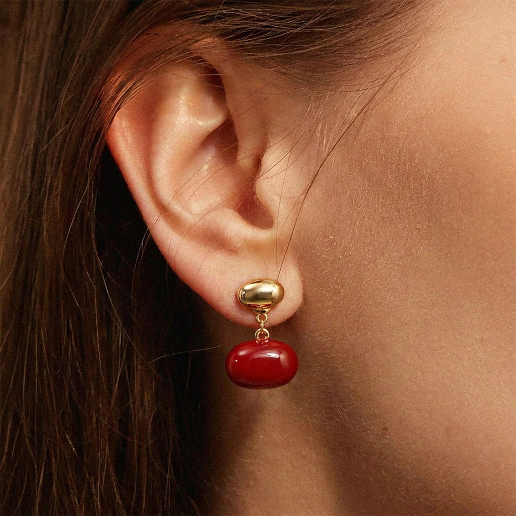 Red Enamel Pebble Drop Stud Earrings