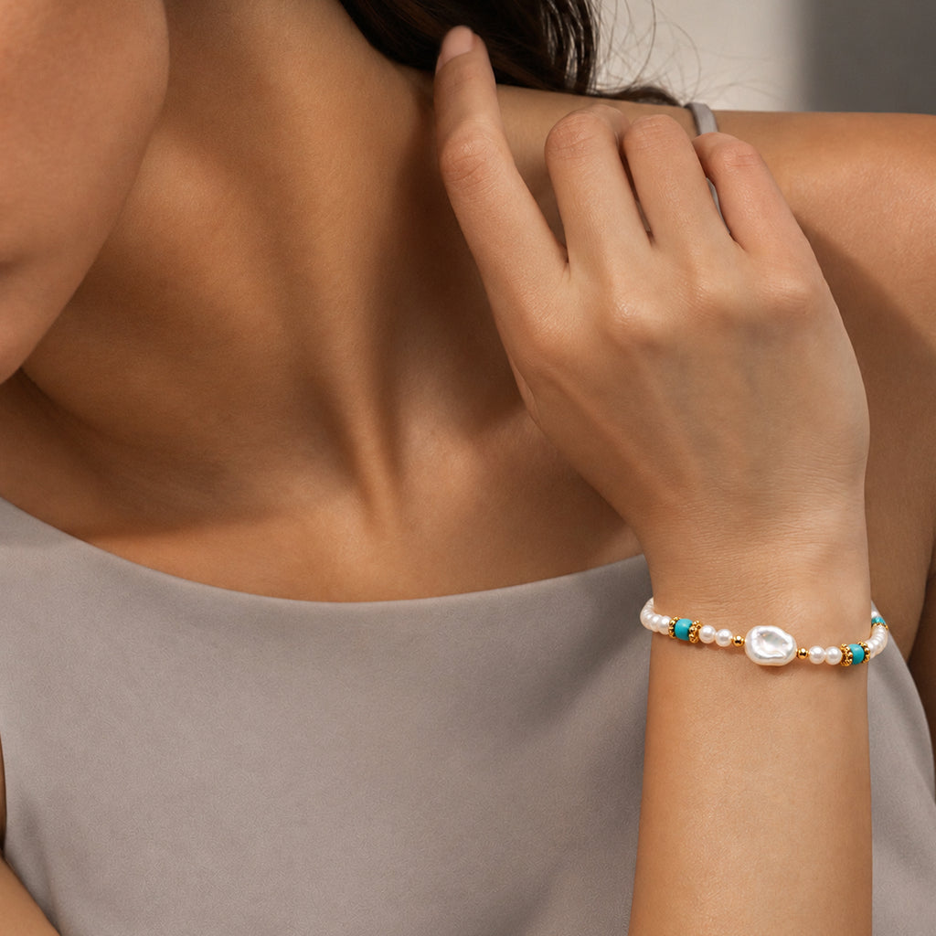 Freshwater Pearl Turquoise-Accent Gold-Plated Bracelet