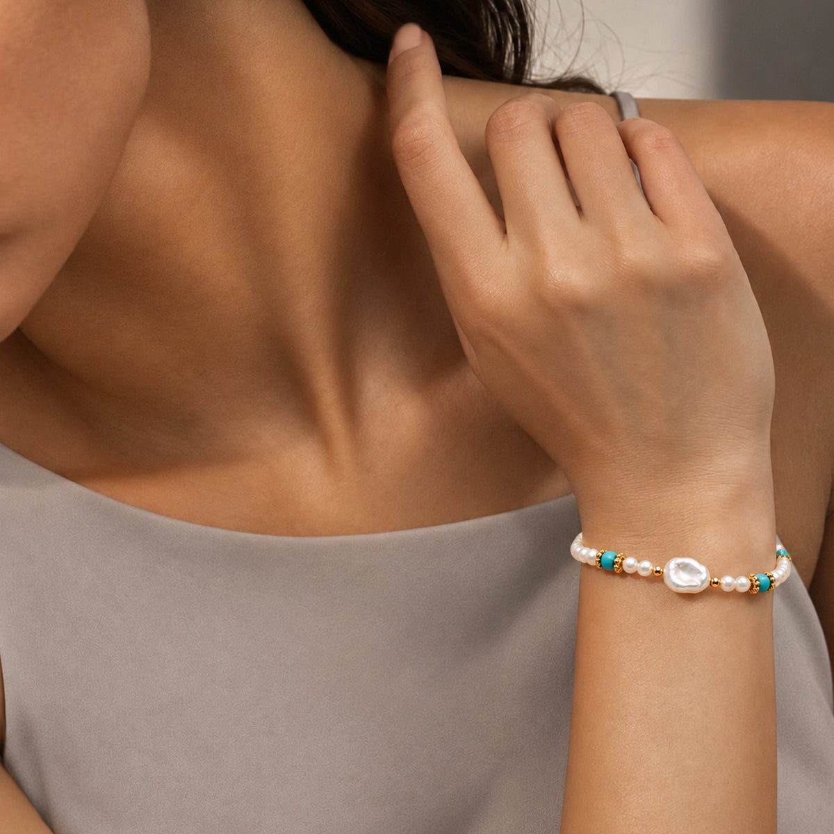 Freshwater Pearl Turquoise-Accent Gold-Plated Bracelet