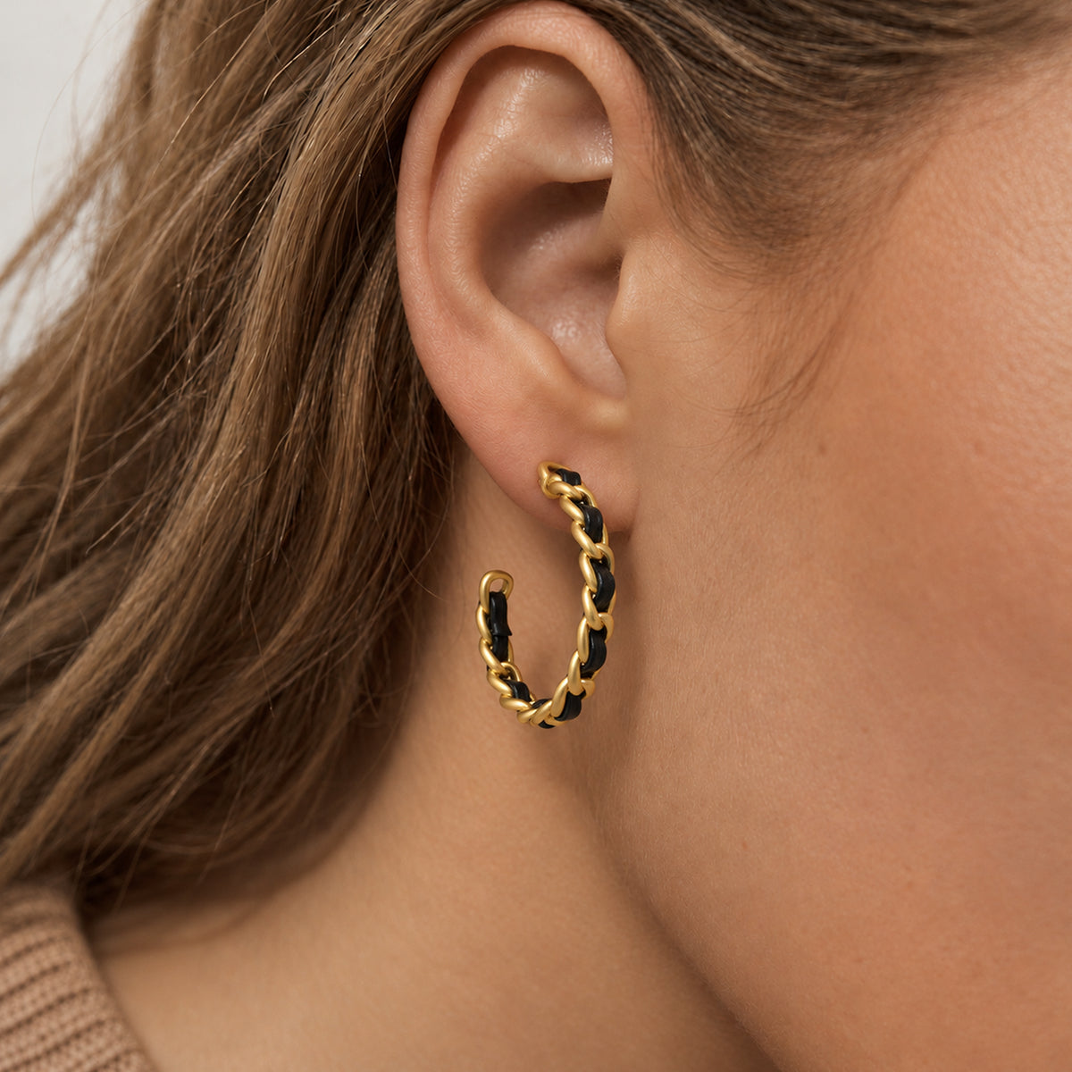 Black Woven Gold-Tone Chain Hoop Earrings