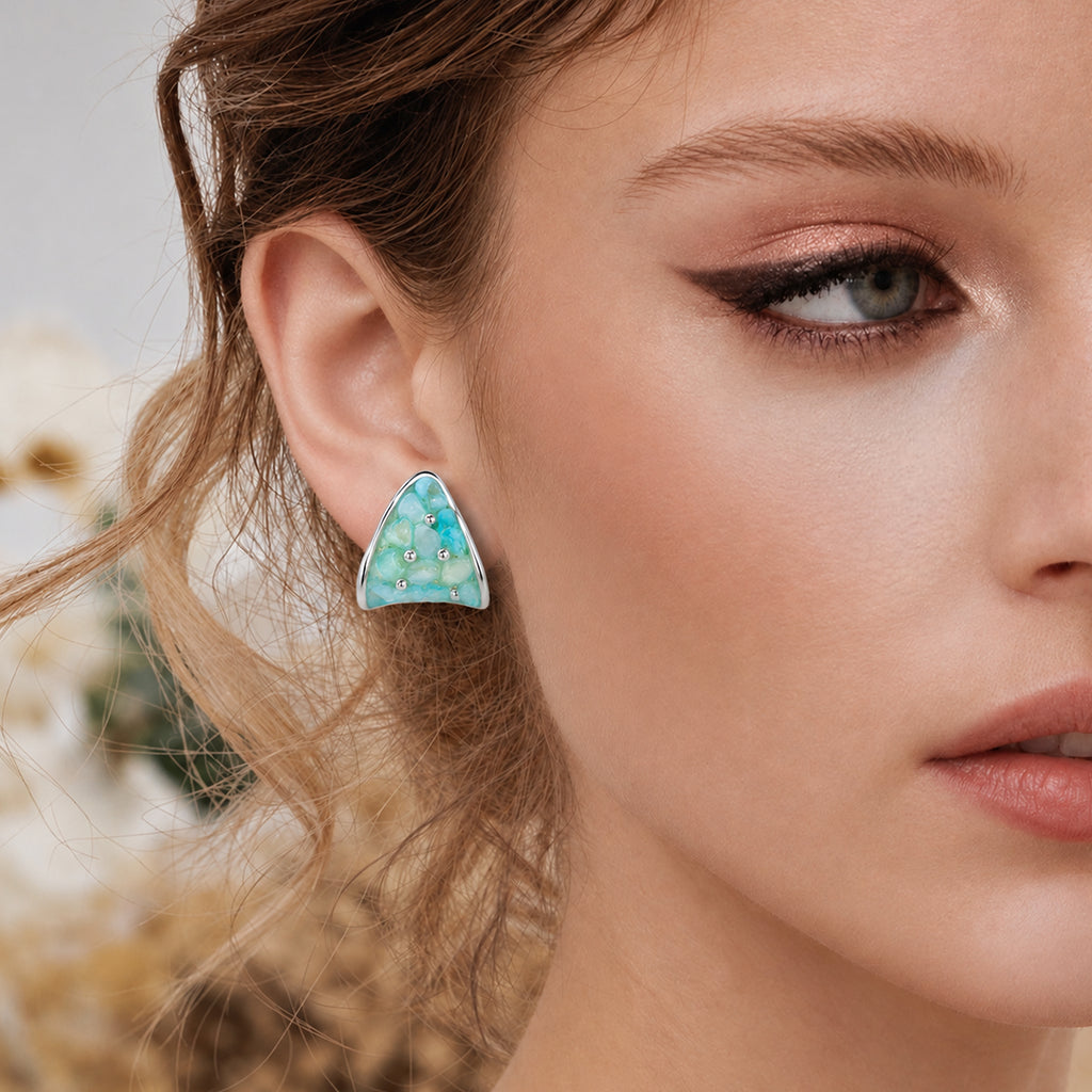 Green Shell Inlay Sculptural Stud Earrings