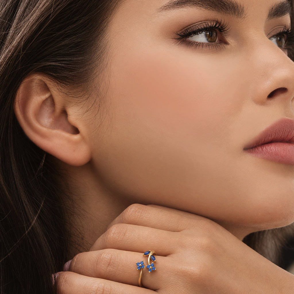 18K Gold-Plated Blue CZ Floral Open Ring