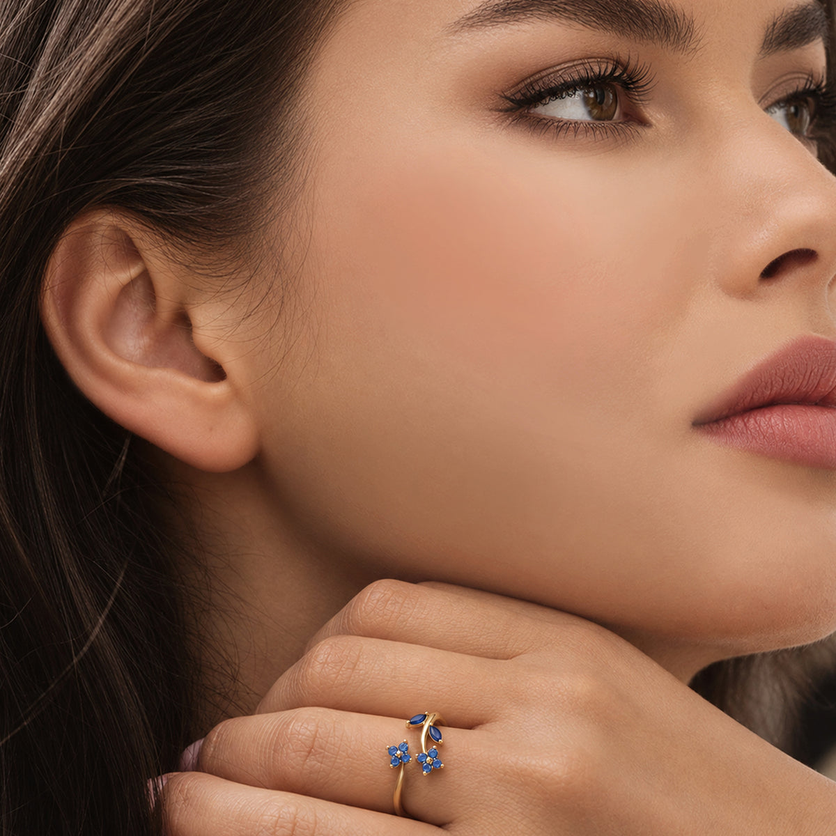18K Gold-Plated Blue CZ Floral Open Ring
