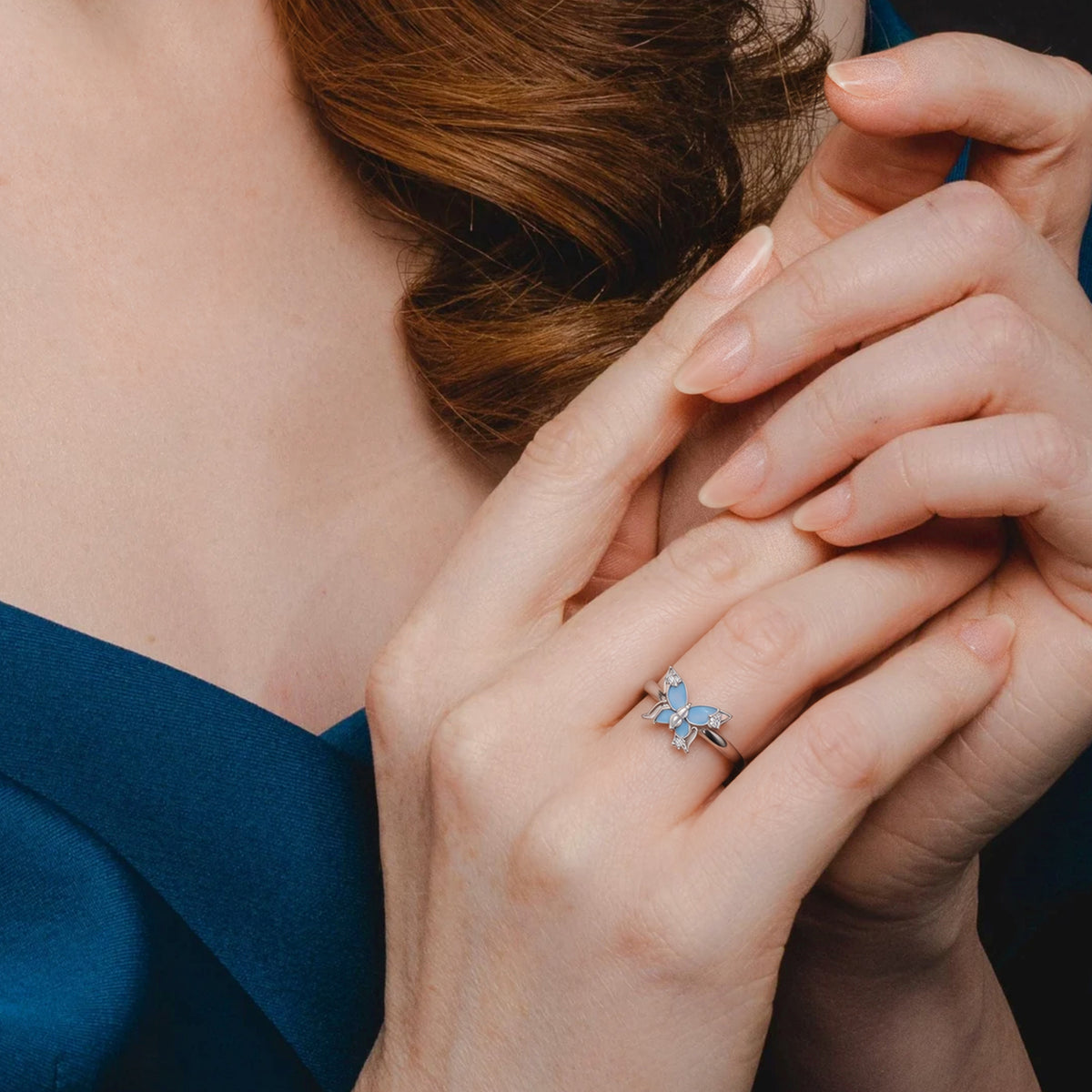 S925 Silver Blue Enamel Butterfly Ring