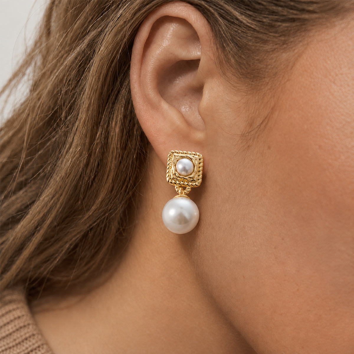 Geometric Double Pearl Drop Earrings