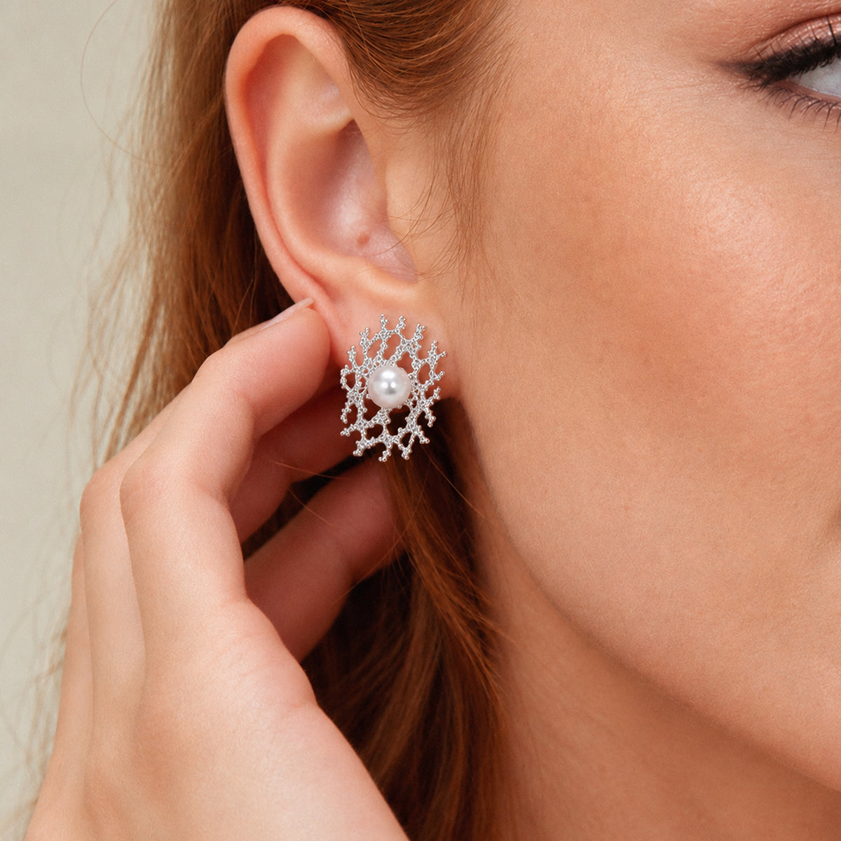 Coral Branch Pearl Statement Stud Earrings