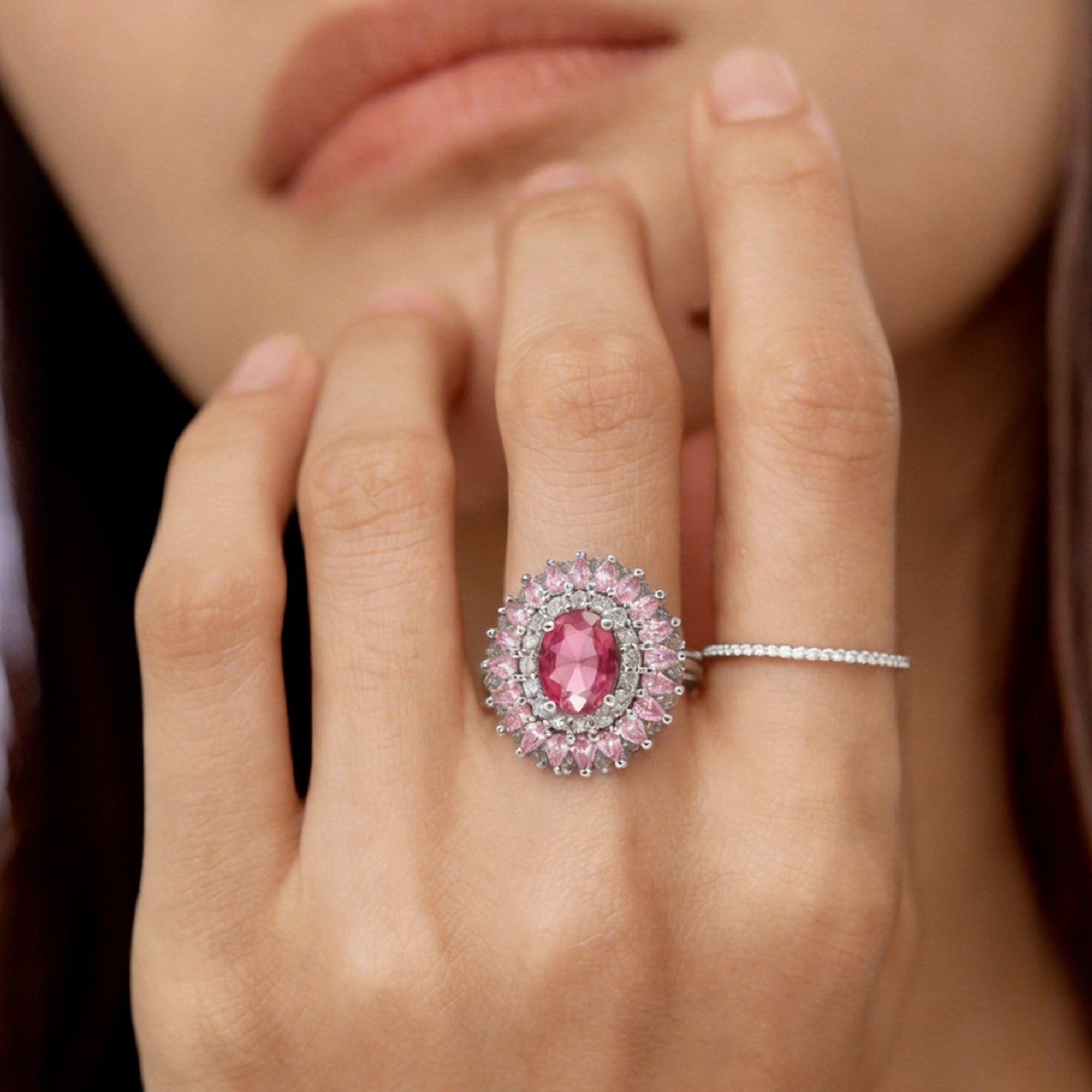 Pink Zircon Floral Halo Adjustable Ring
