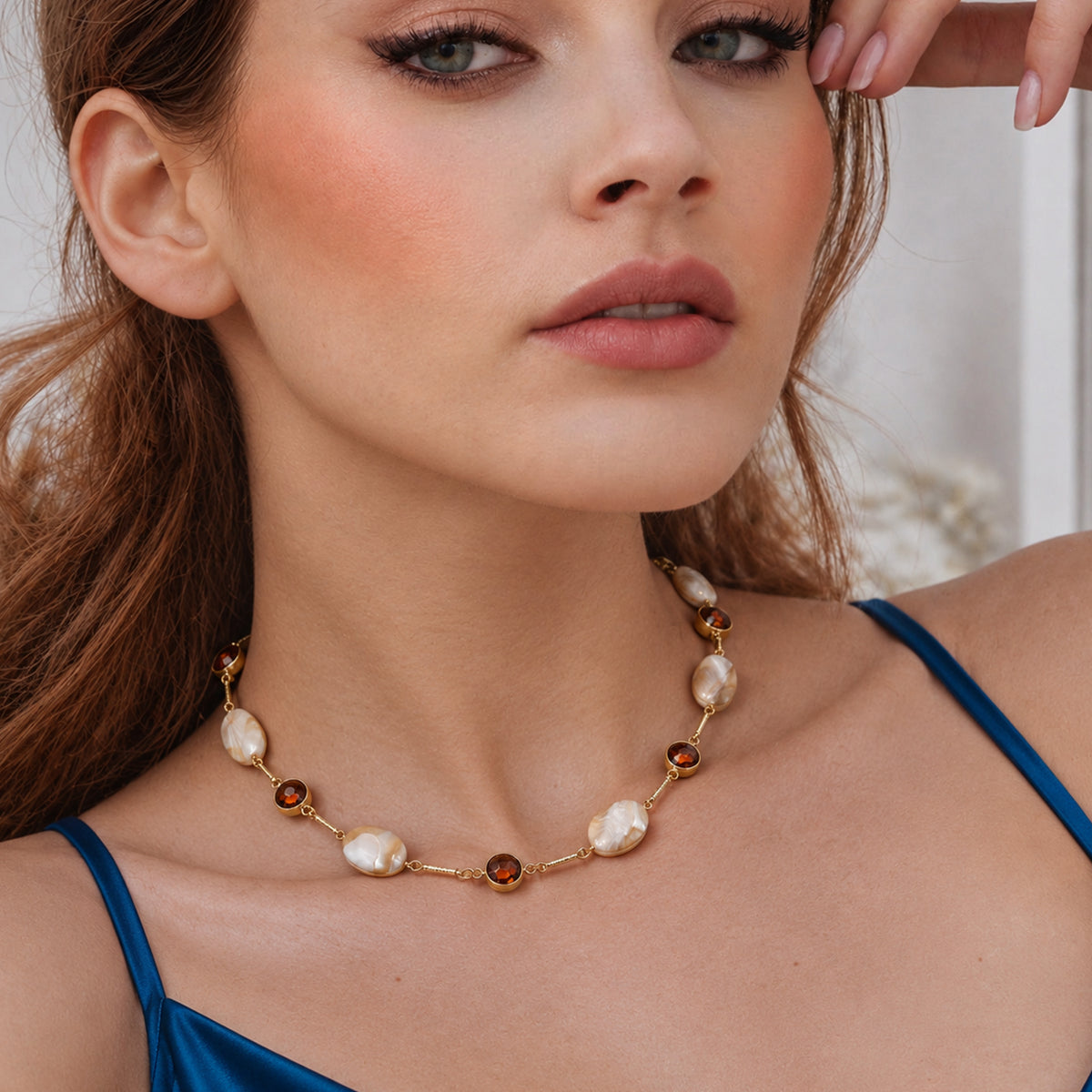 Gold-Plated Shell & Amber Crystal Necklace