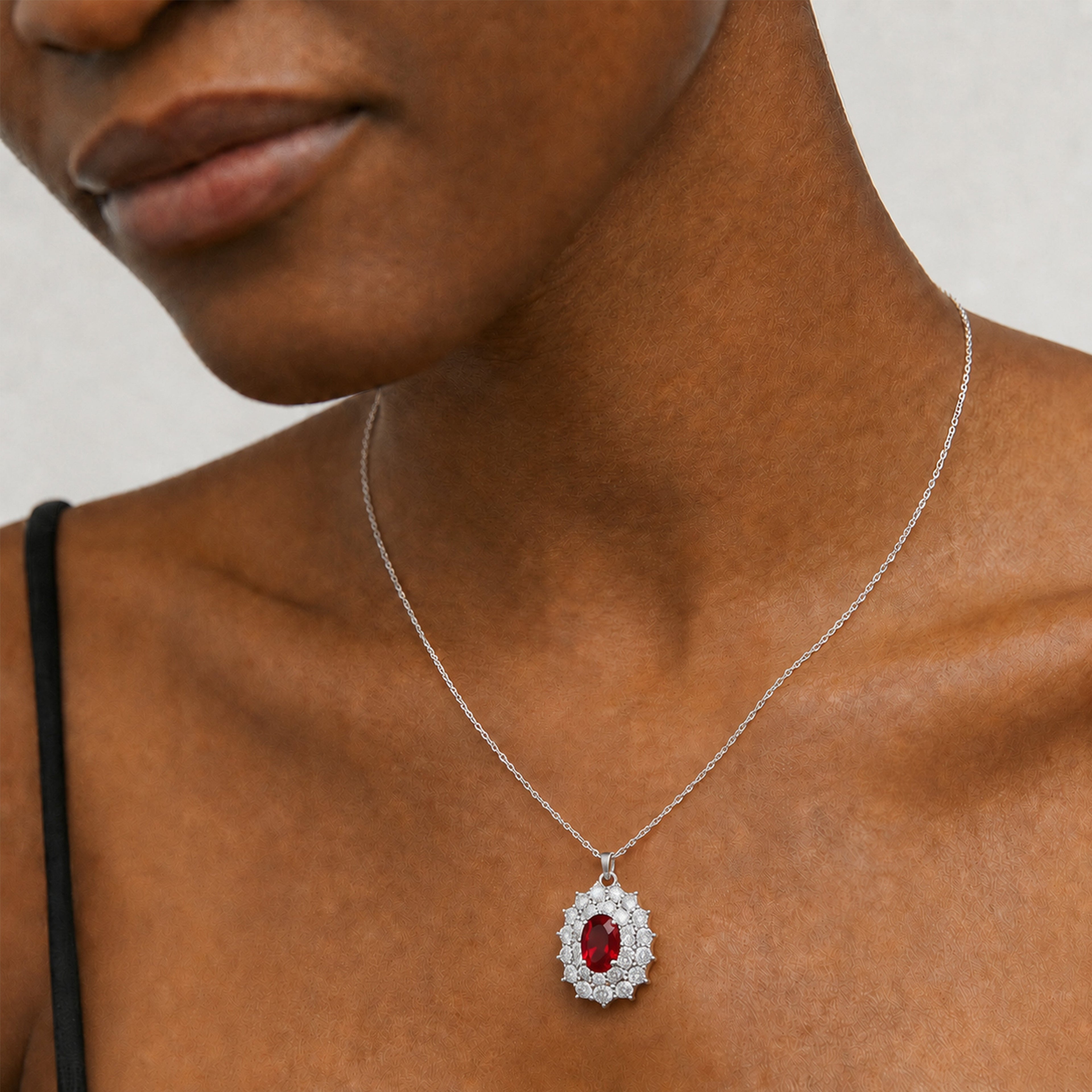 Red Oval Zircon Halo Pendant Necklace