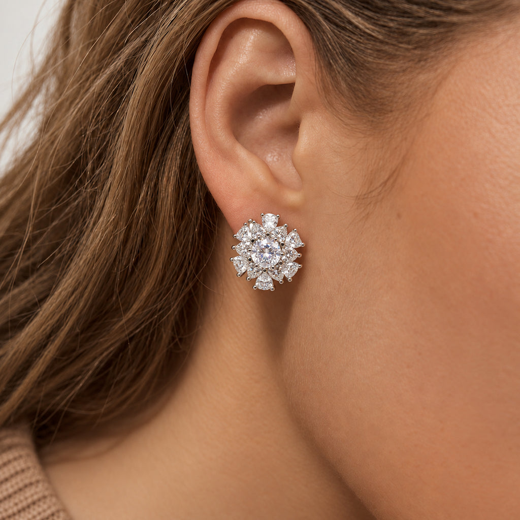 Silver-Tone Floral Cluster Zircon Stud Earrings