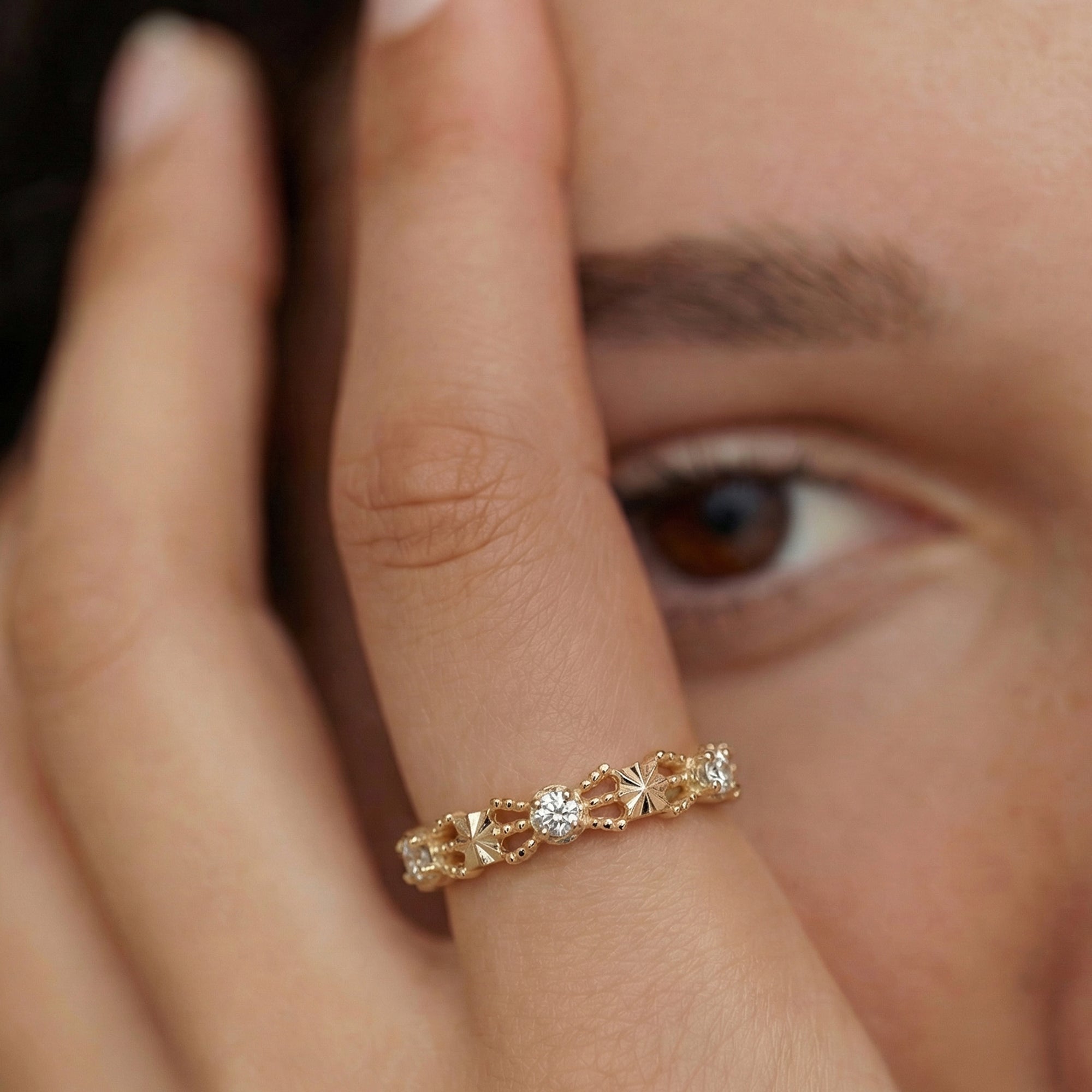 Gold-Plated S925 Patterned Stone Band Ring