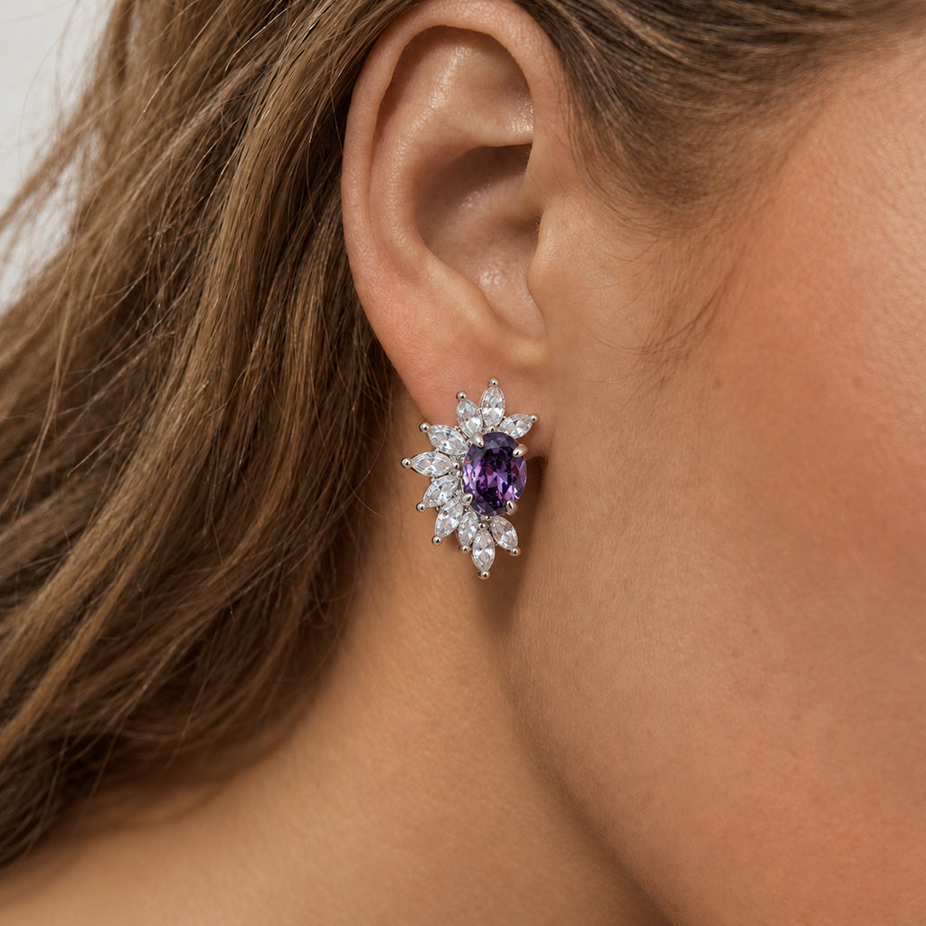 18K Gold-Plated Purple Zircon Cluster Stud Earrings
