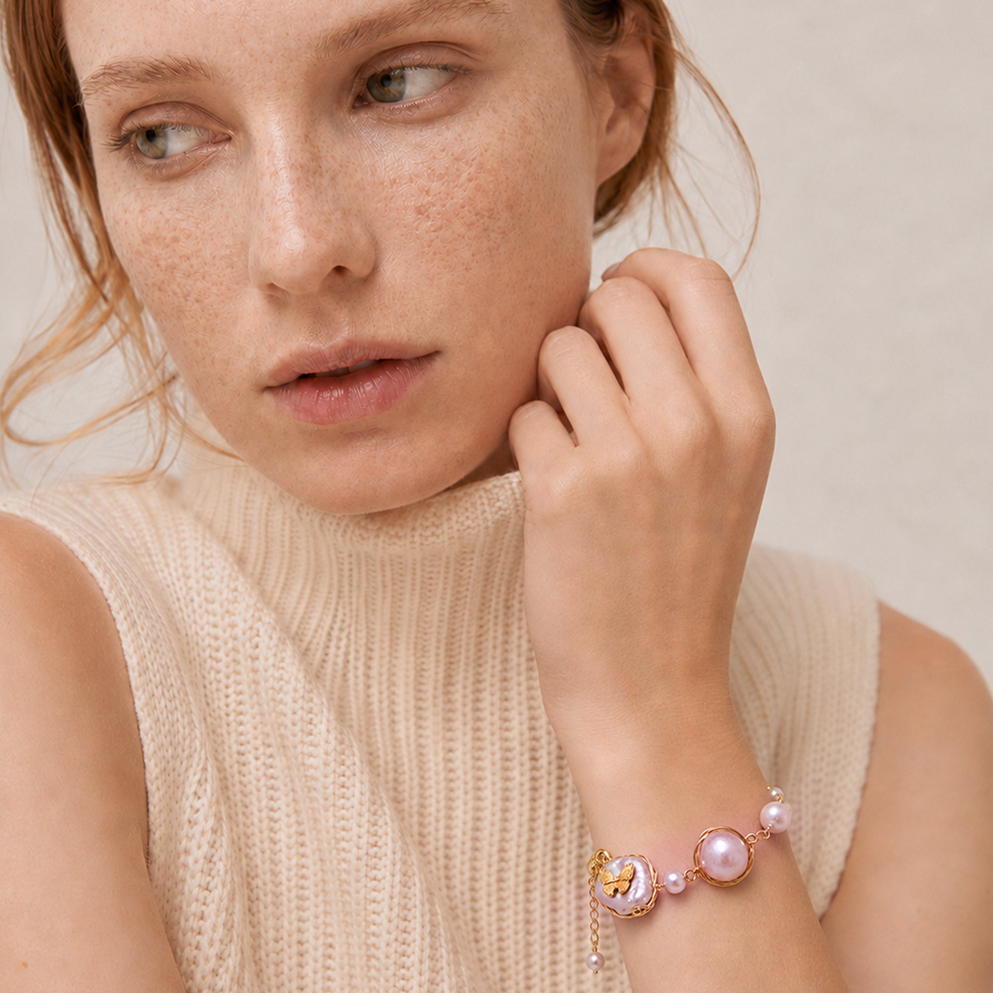 Gold-Plated Baroque Pearl Butterfly Bracelet