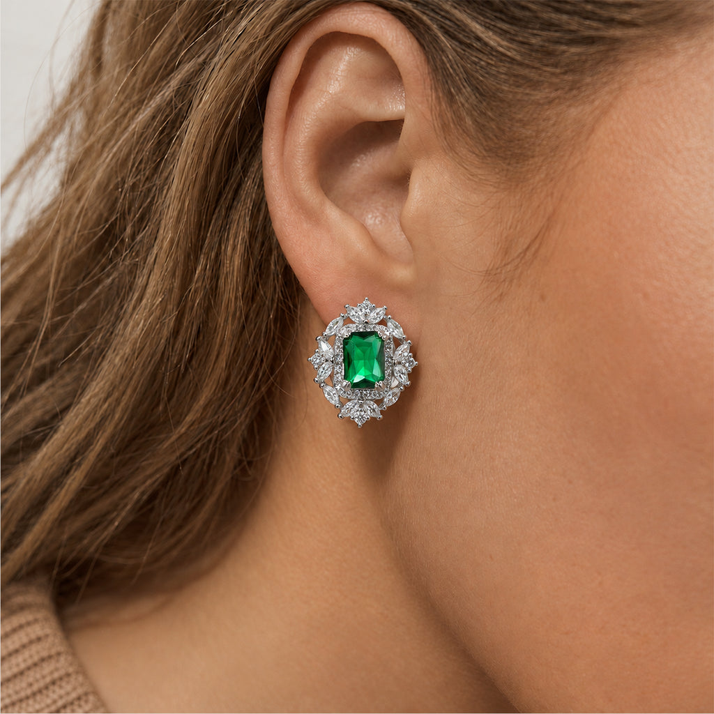 Emerald-Cut Green Zircon Halo Stud Earrings