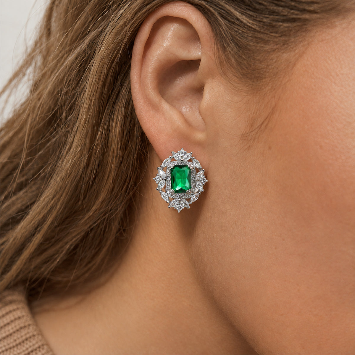 Emerald-Cut Green Zircon Halo Stud Earrings
