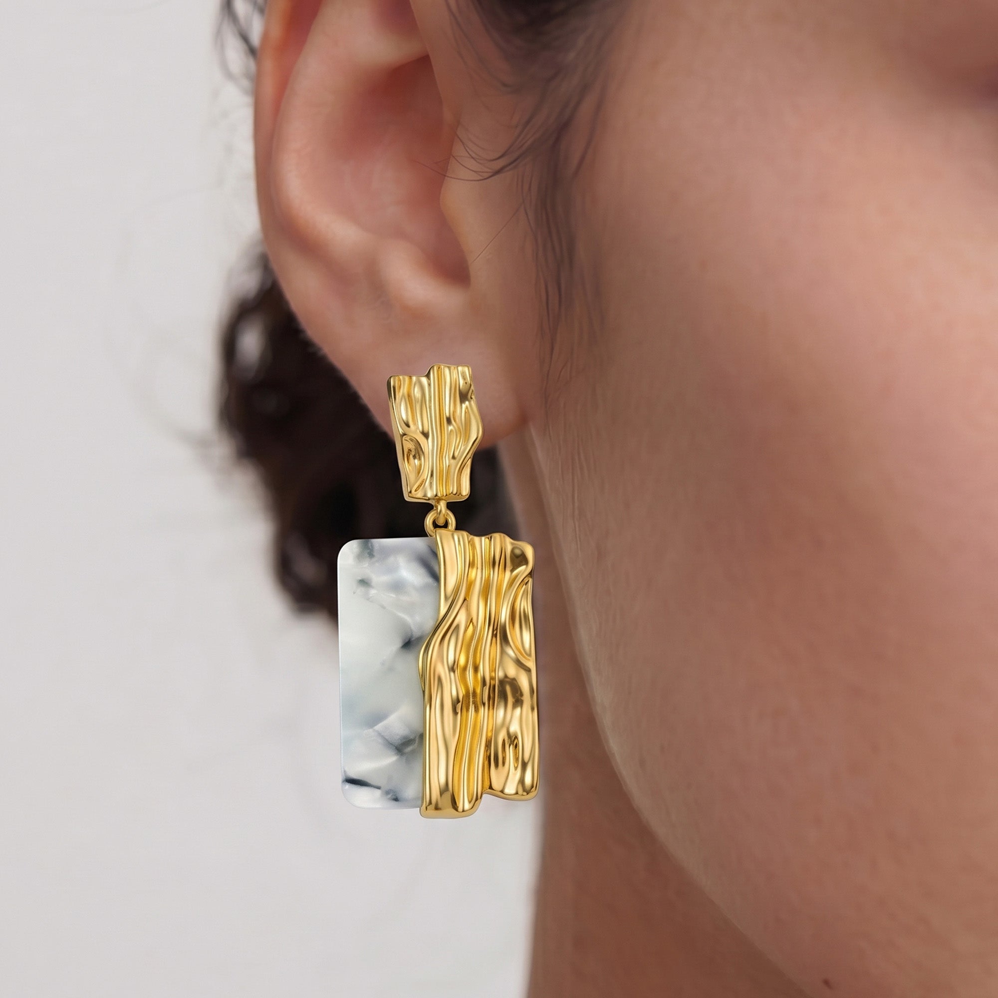 Textured Gold Shell Panel Drop Earrings