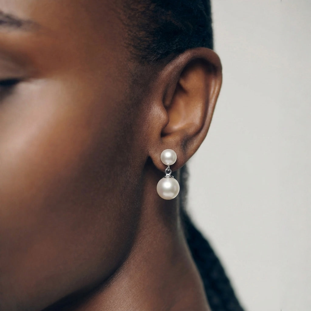 Double Pearl Drop Stud Earrings