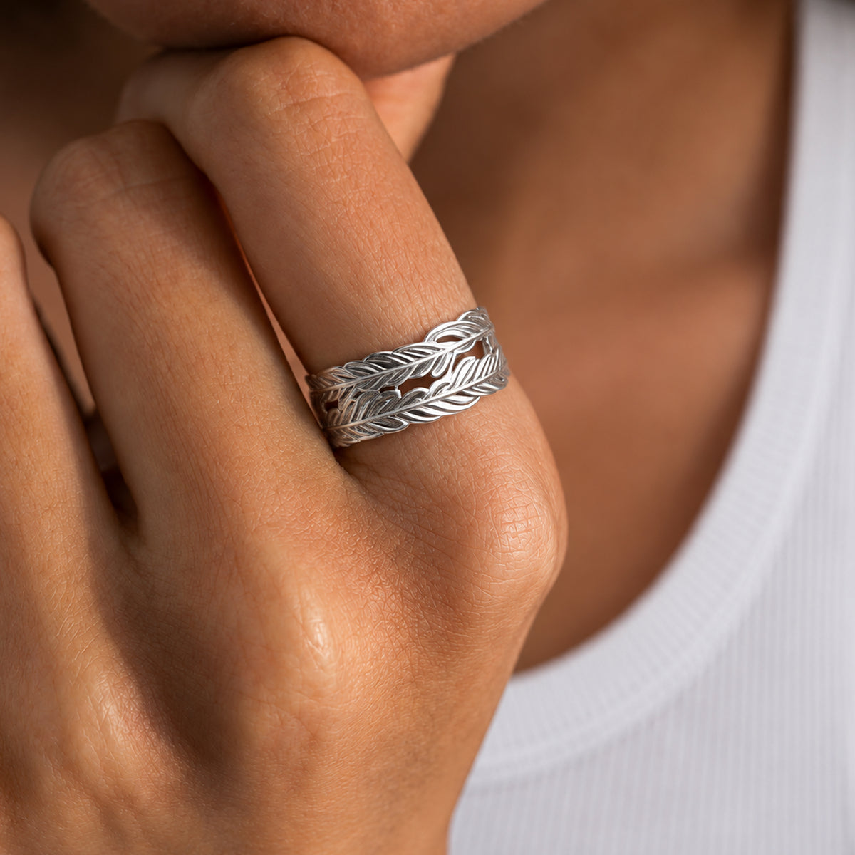 Layered Feather S925 Silver Open Ring
