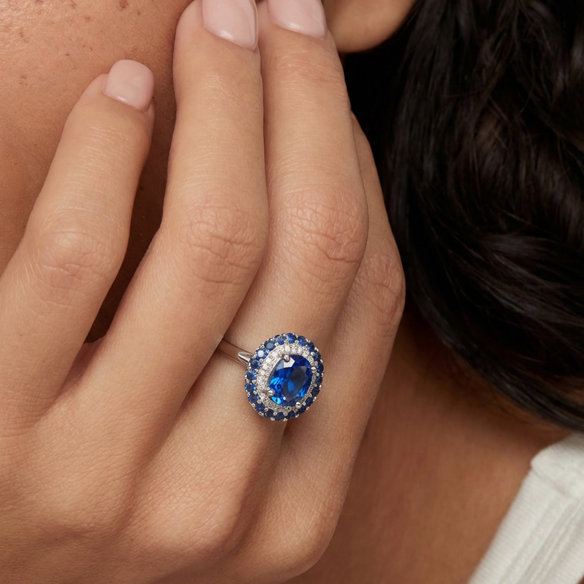 Silver-Tone Blue Zircon Halo Adjustable Ring