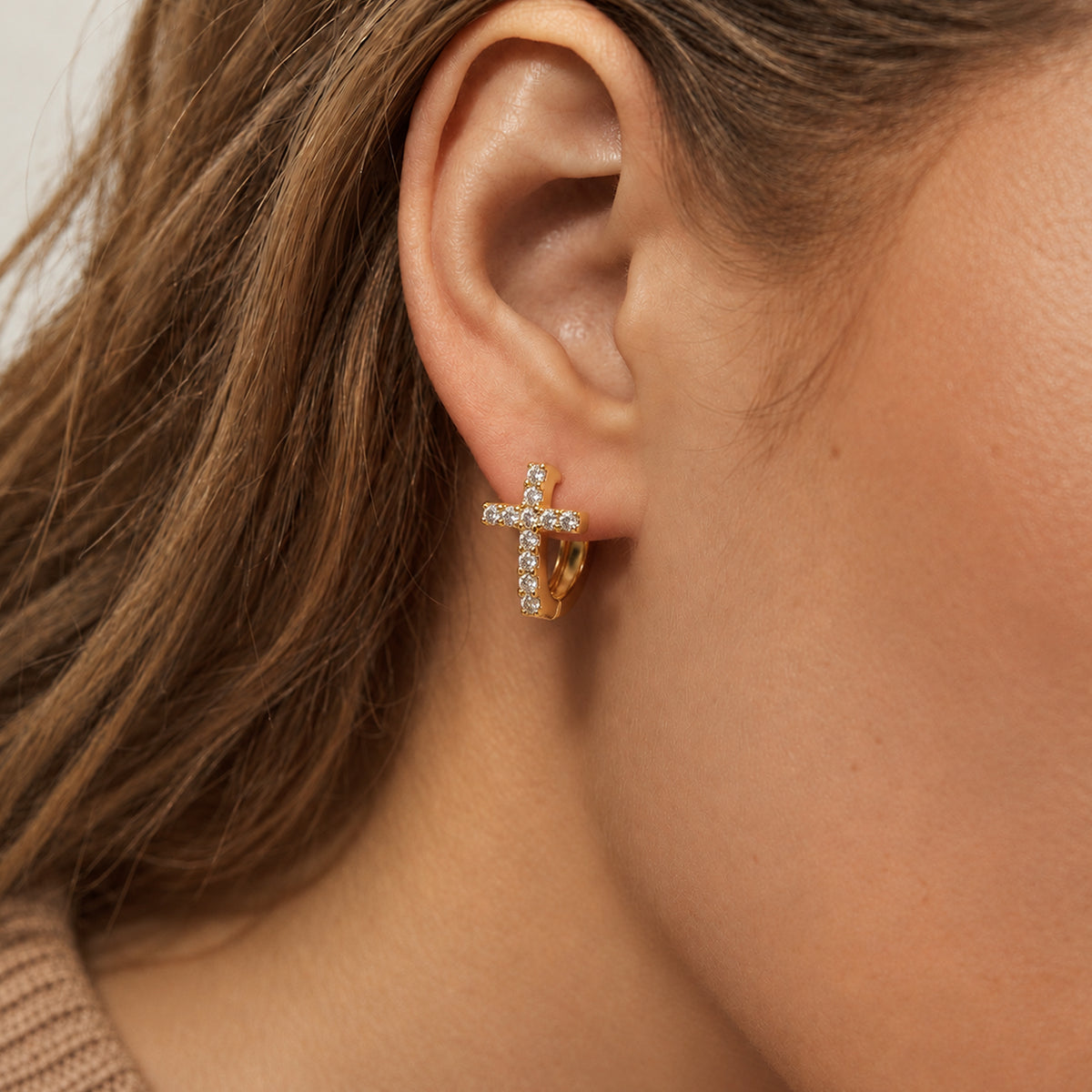 Cubic Zirconia Cross Huggie Earrings
